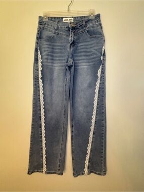 GOGO Blue Denim Wide-Leg Jeans with White Lace Trim